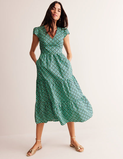 May Cotton Midi Tea Dress-Ming Green, Geo Pome