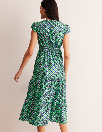 May Cotton Midi Tea Dress-Ming Green, Geo Pome