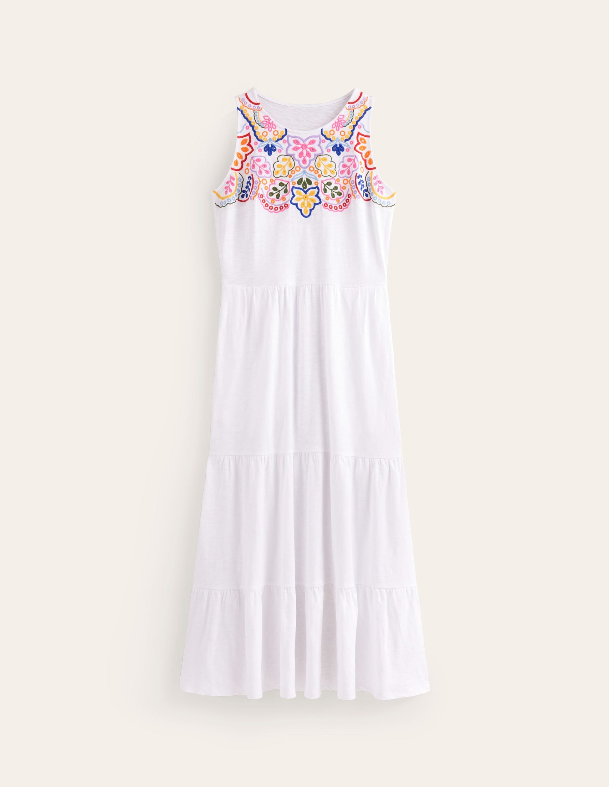 Embroidered Jersey Midi Dress-White-6