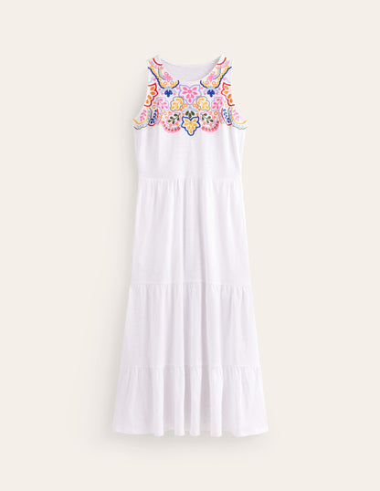 Embroidered Jersey Midi Dress-White-6