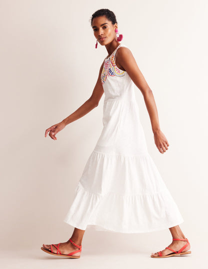 Embroidered Jersey Midi Dress-White-1