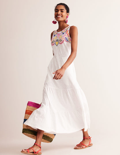 Embroidered Jersey Midi Dress-White-4