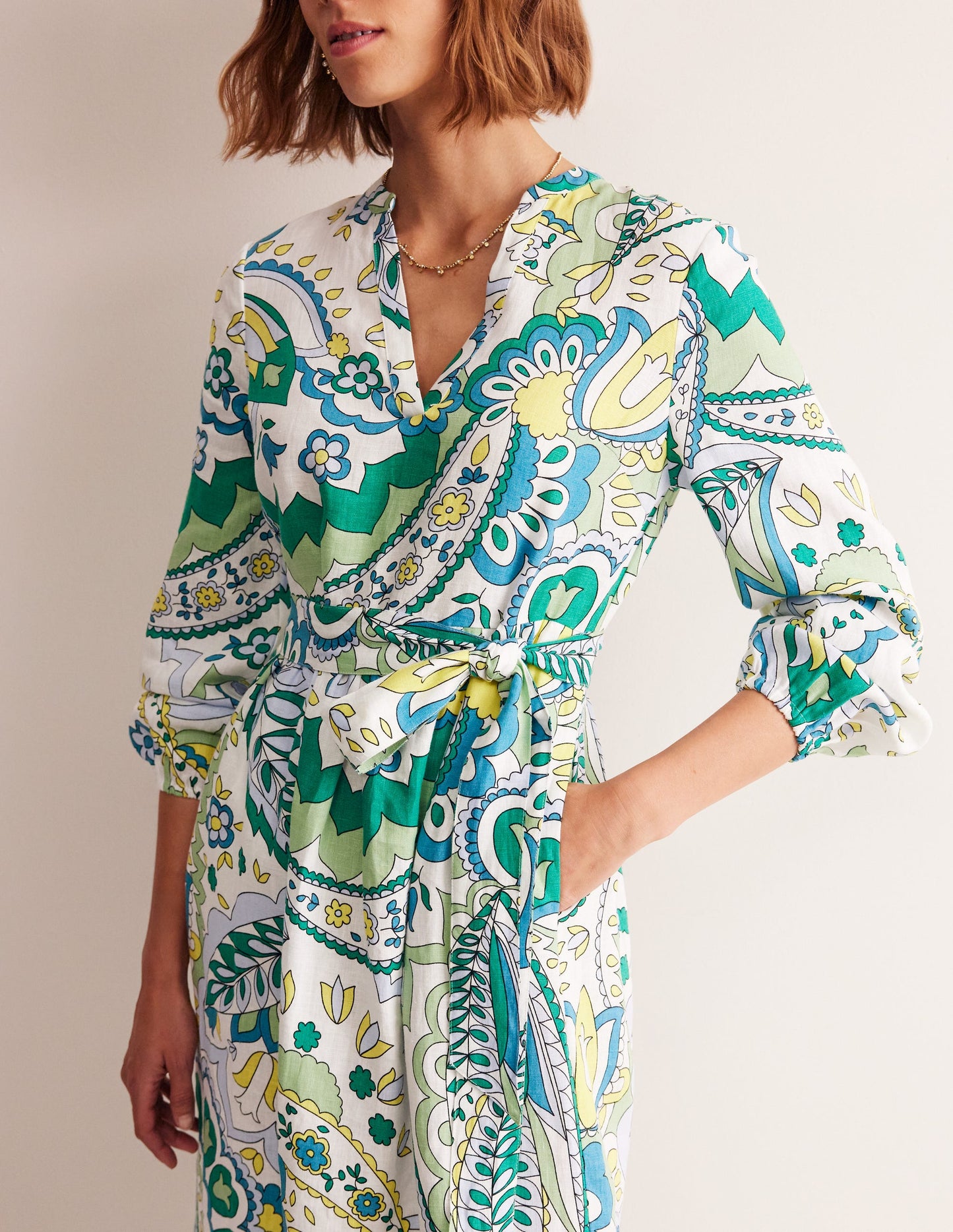 Linen Maxi Notch Neck Dress-Emerald, Foliage Paisley