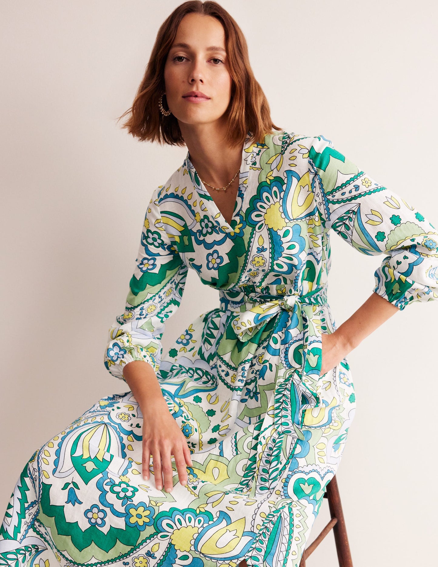 Linen Maxi Notch Neck Dress-Emerald, Foliage Paisley