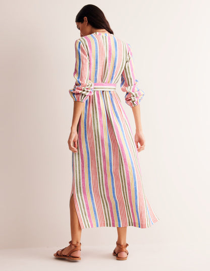 Linen Maxi Notch Neck Dress-Pop Pansy, Multistripe