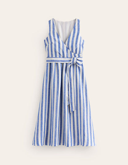 Linen Wrap Midi Dress-Surf The Web and Ivory-5