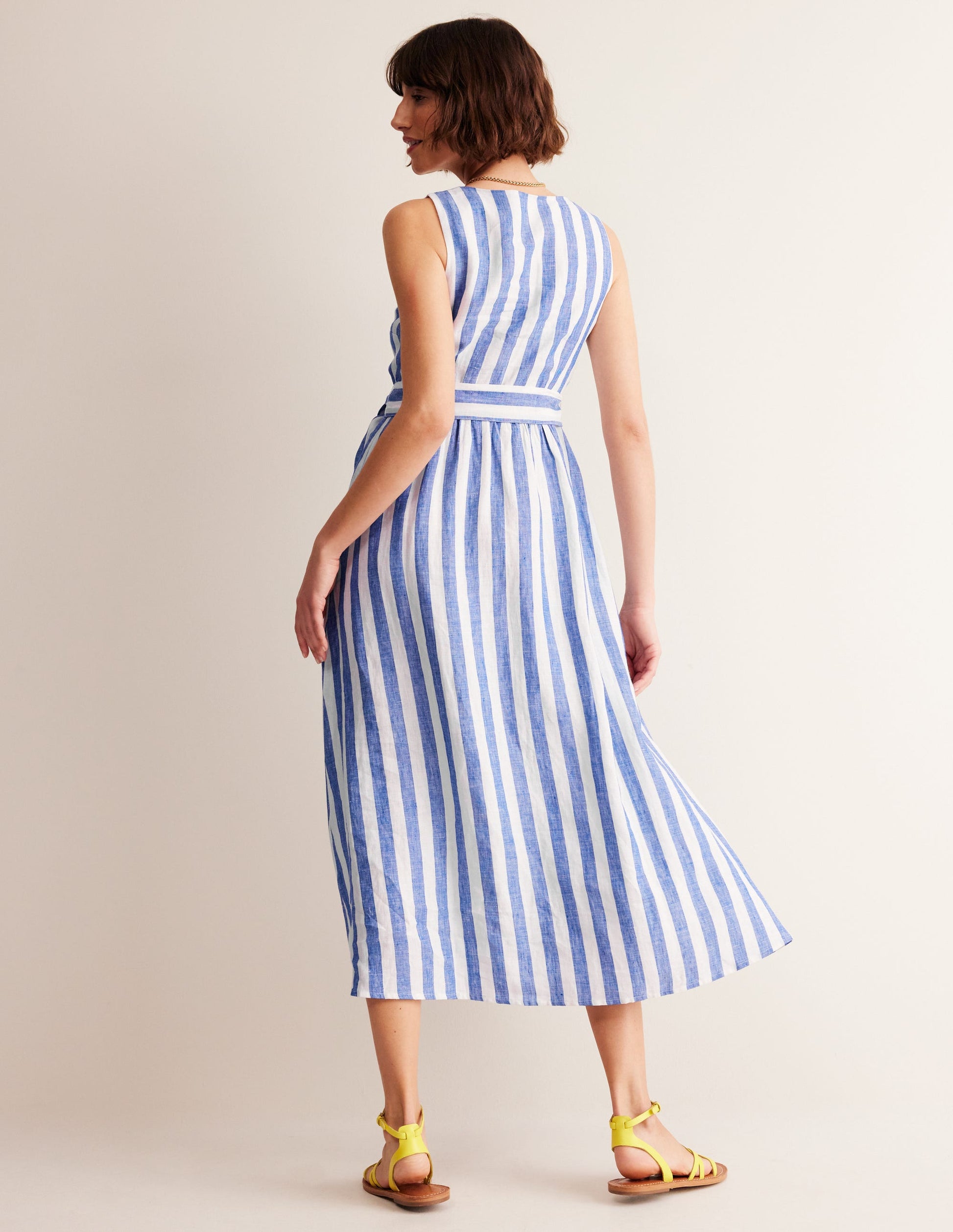 Linen Wrap Midi Dress-Surf The Web and Ivory-3