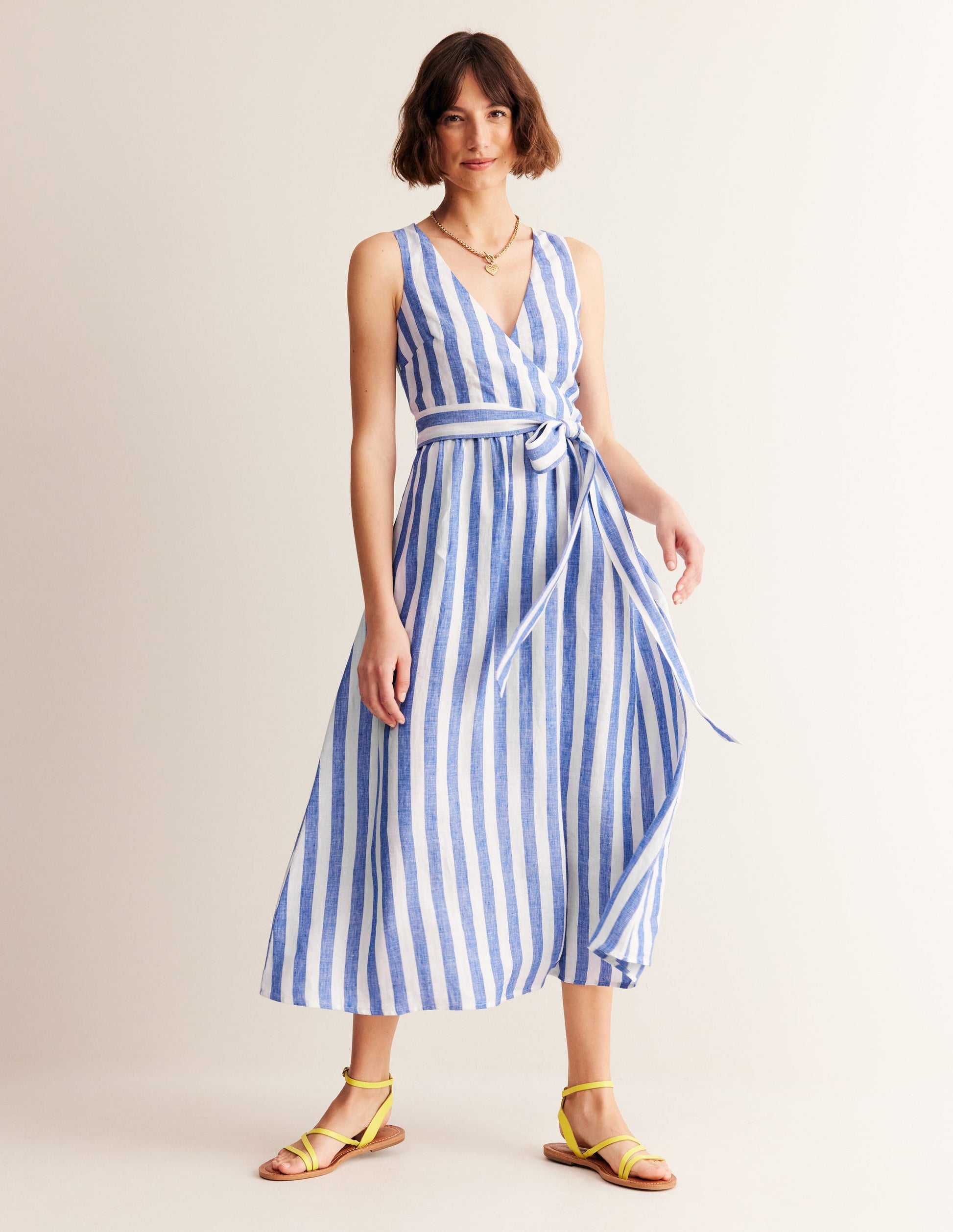 Linen Wrap Midi Dress-Surf The Web and Ivory-4