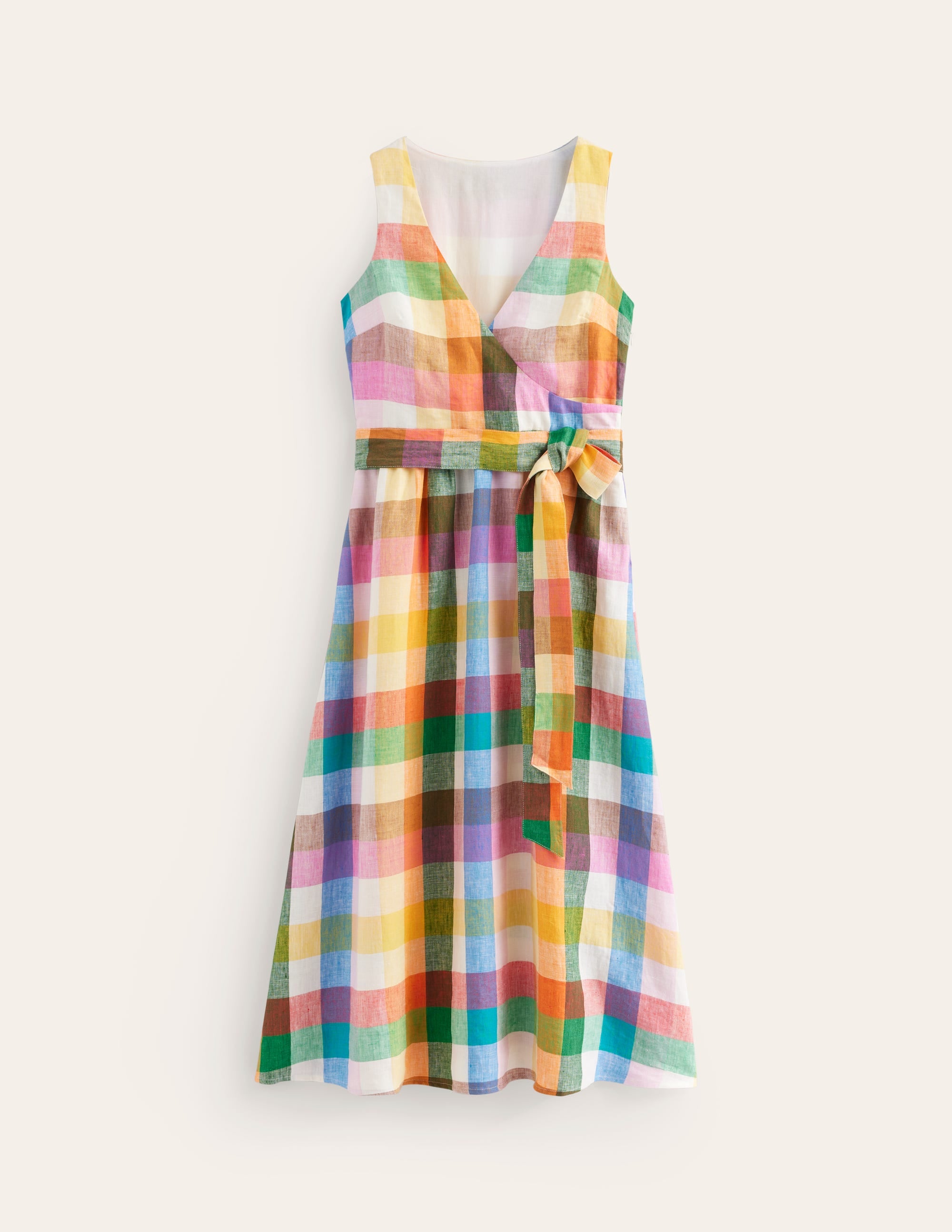 Linen Wrap Midi Dress-Bright Neon Multigingham - Image 7