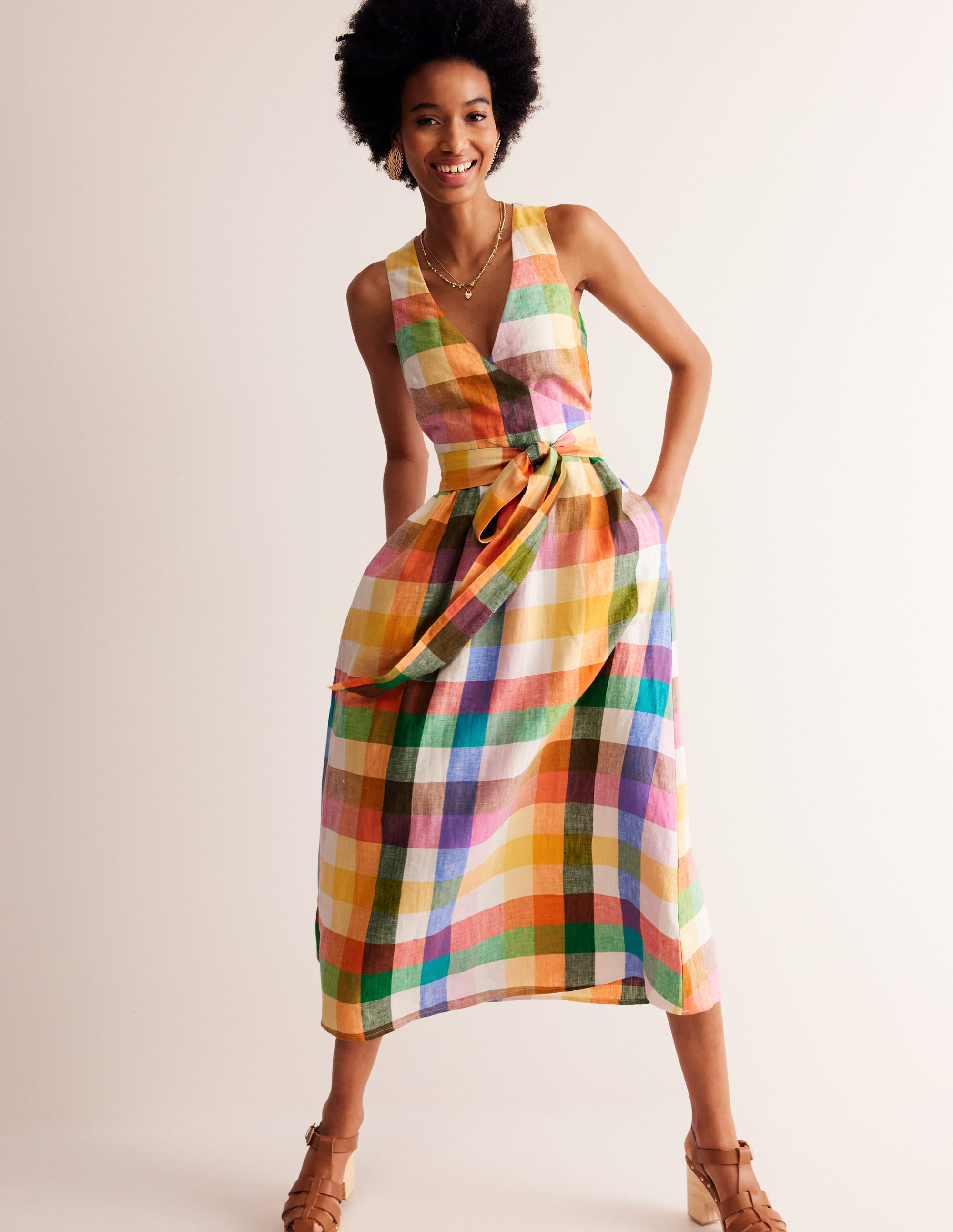 Linen Wrap Midi Dress-Bright Neon Multigingham - Image 1