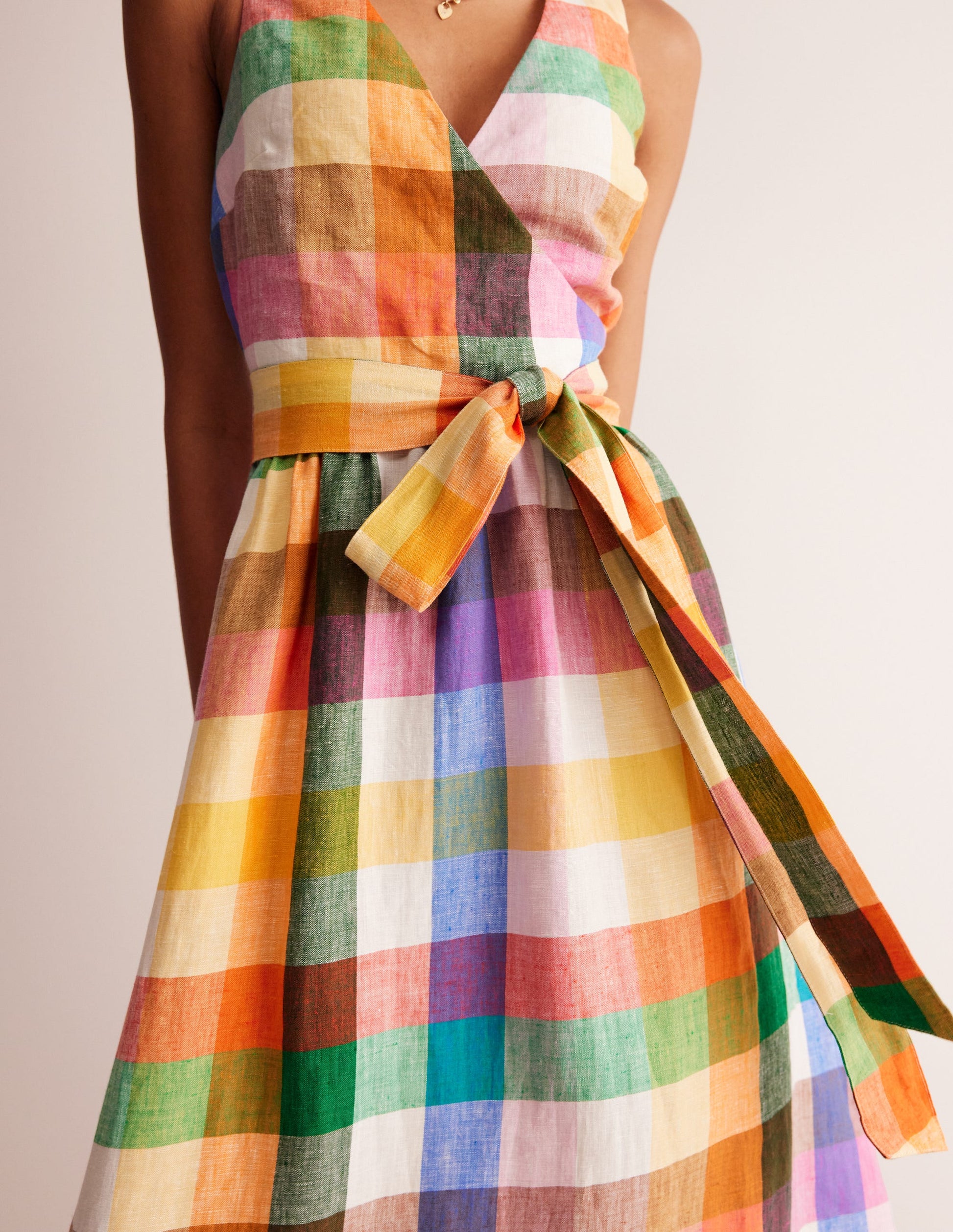Linen Wrap Midi Dress-Bright Neon Multigingham-2