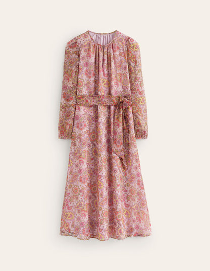 Silk Midi Blouson Sleeve Dress-Milkshake, Paisley Field-7