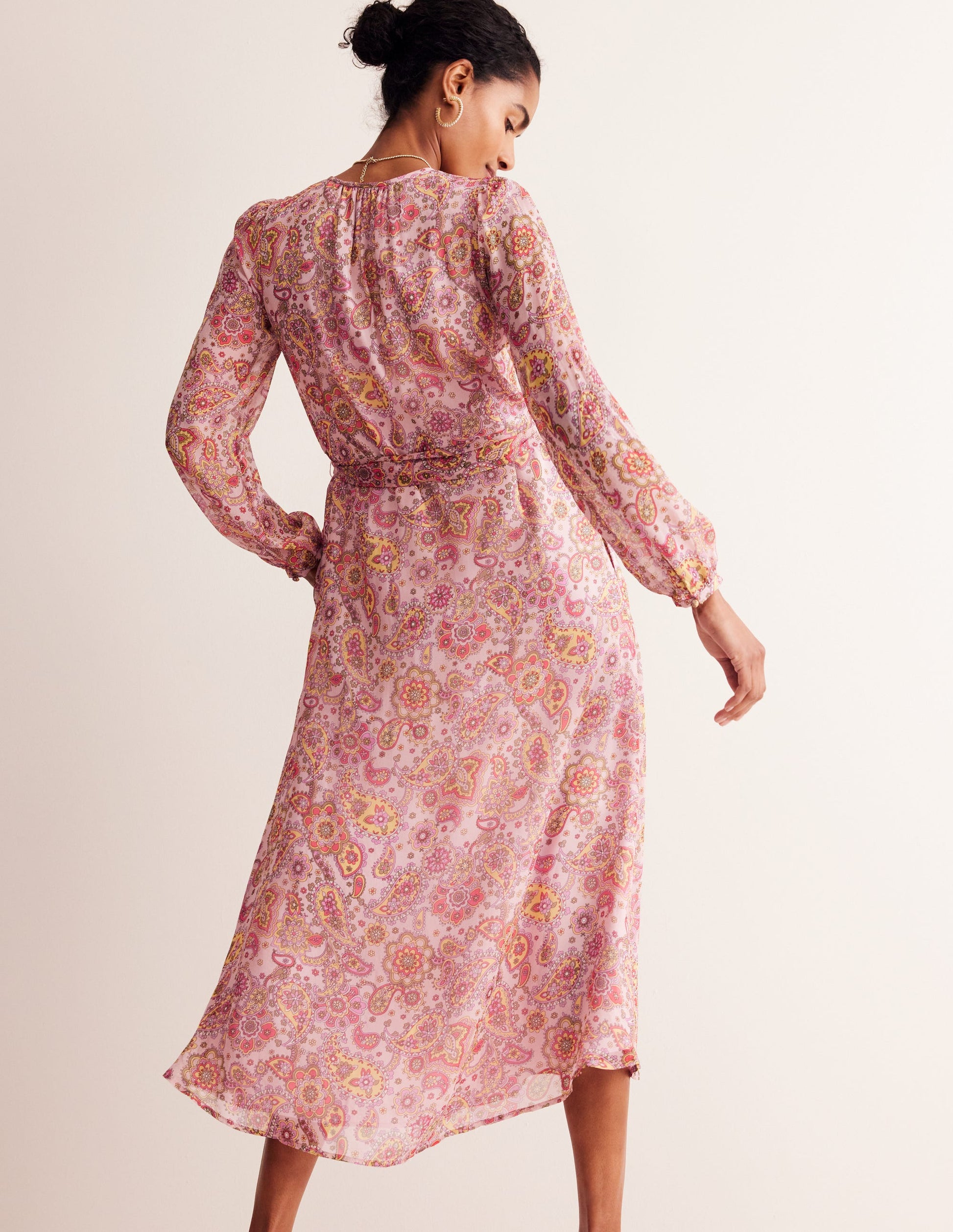 Silk Midi Blouson Sleeve Dress-Milkshake, Paisley Field-3