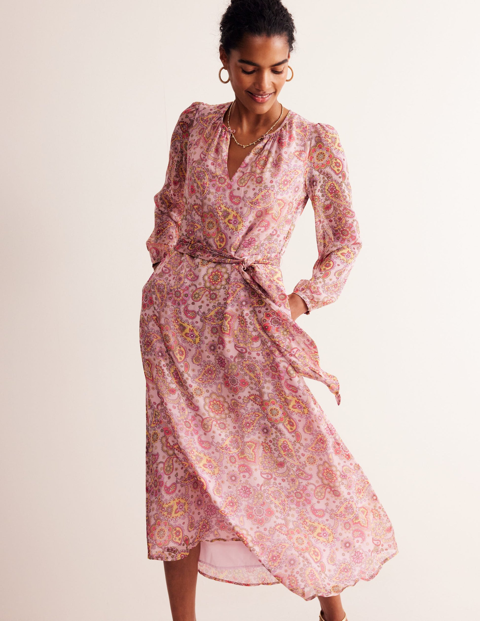 Silk Midi Blouson Sleeve Dress-Milkshake, Paisley Field-4
