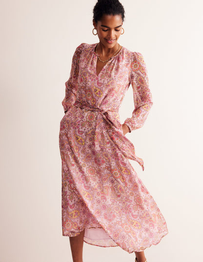 Silk Midi Blouson Sleeve Dress-Milkshake, Paisley Field-4