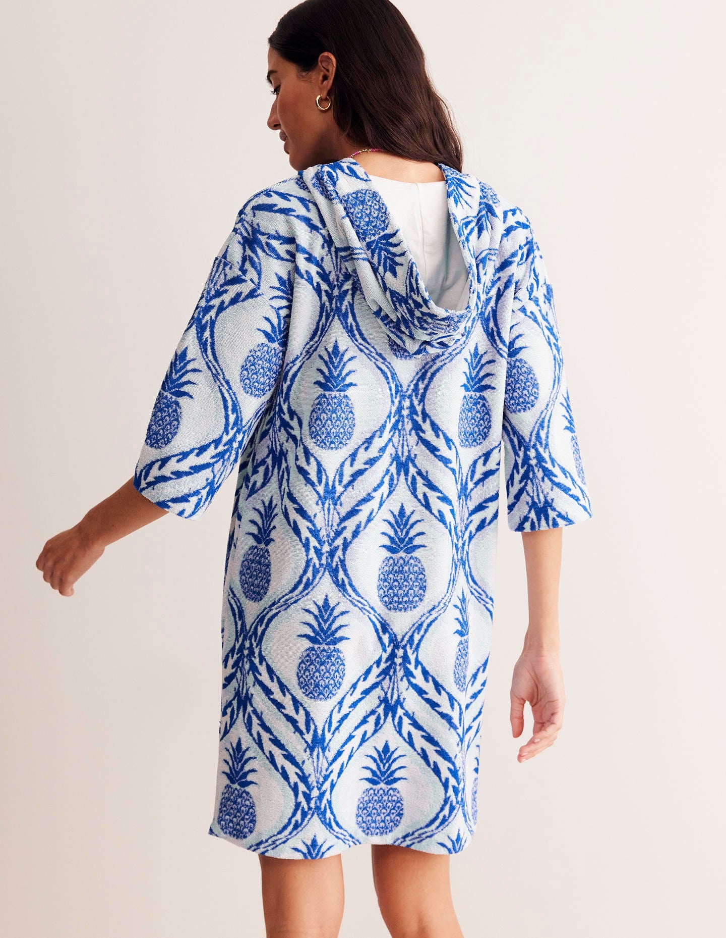 Hooded Towelling Short Kaftan-Surf the Web, Pineapple Wave-3