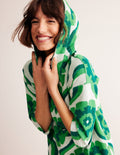Hooded Towelling Short Kaftan-Stone Green, Geo Floret
