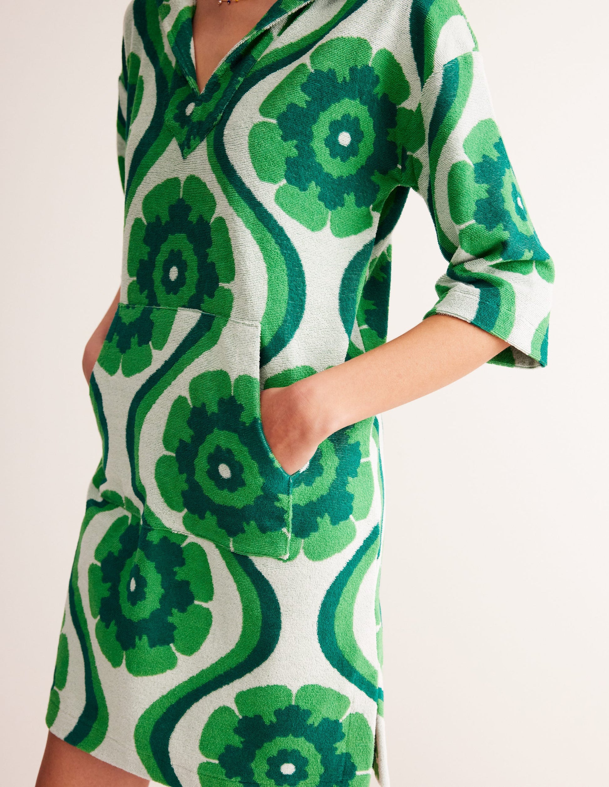 Hooded Towelling Short Kaftan-Stone Green, Geo Floret-2