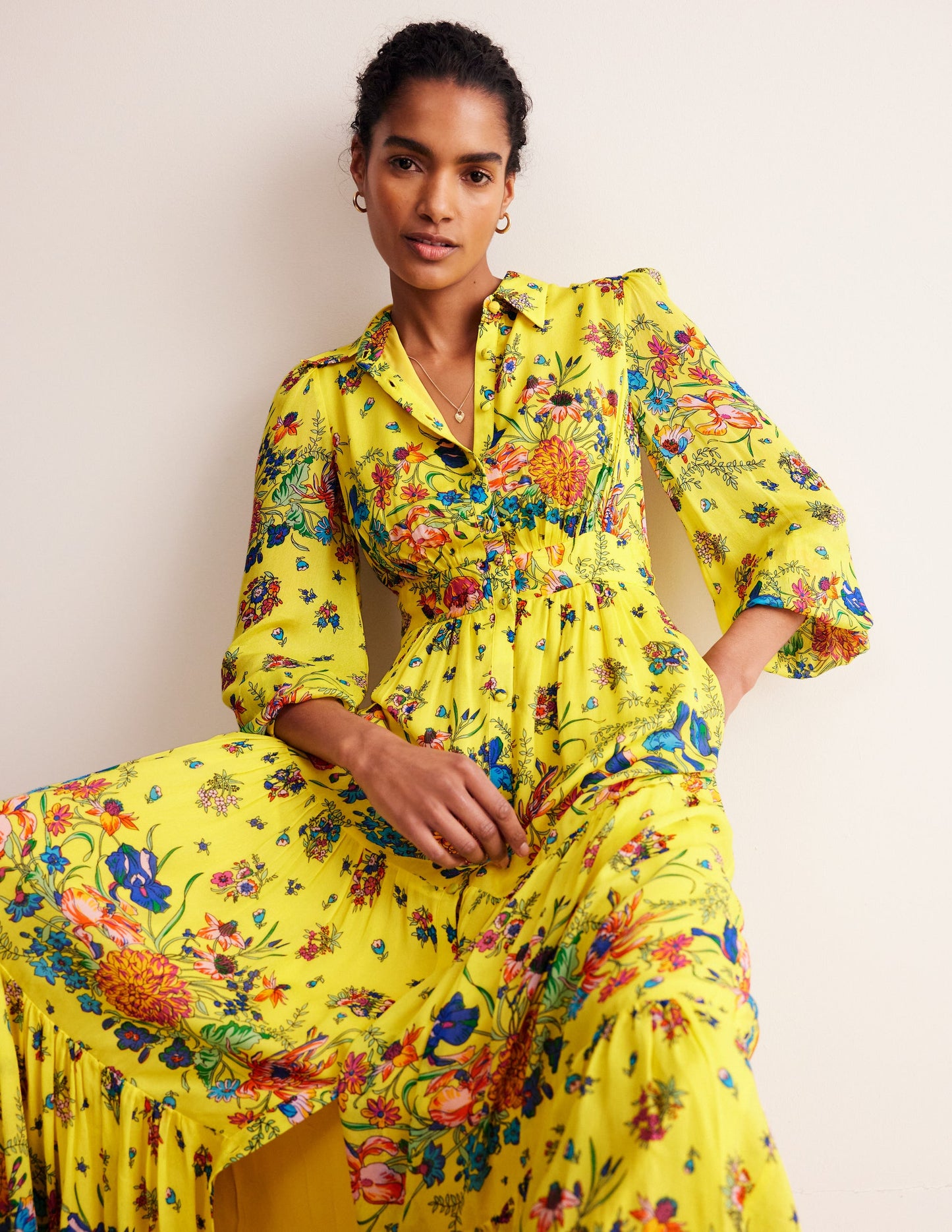 Occasion Maxi Shirt Dress-Vibrant Yellow, Gardenia Bloom