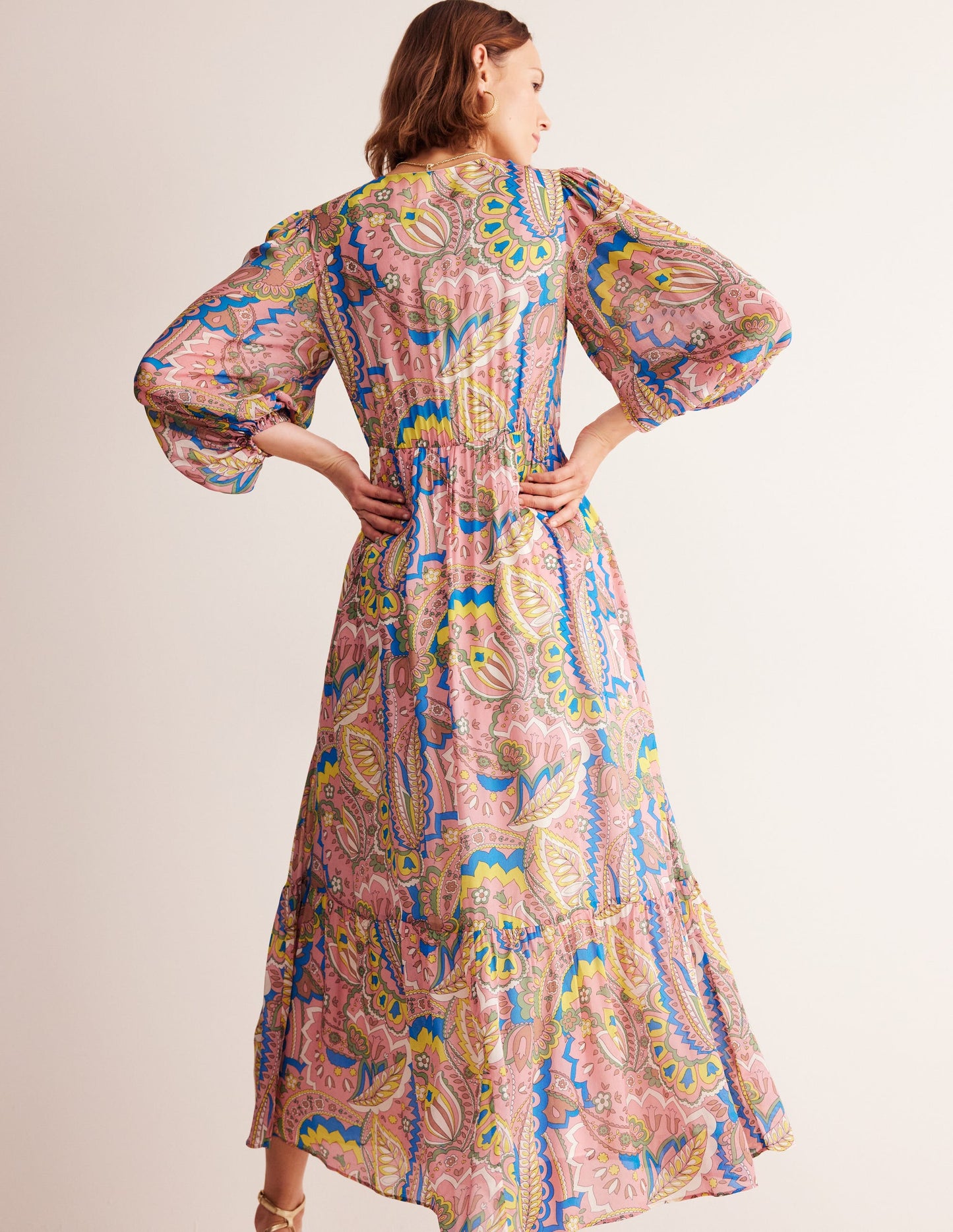 V Neck Puff Maxi Dress-Multi, Foliage Paisley