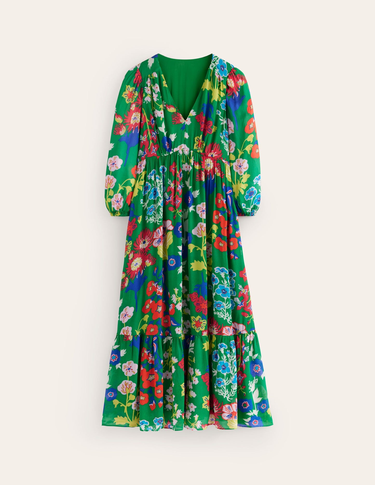 V Neck Puff Maxi Dress-Green Tambourine, Wild Flower