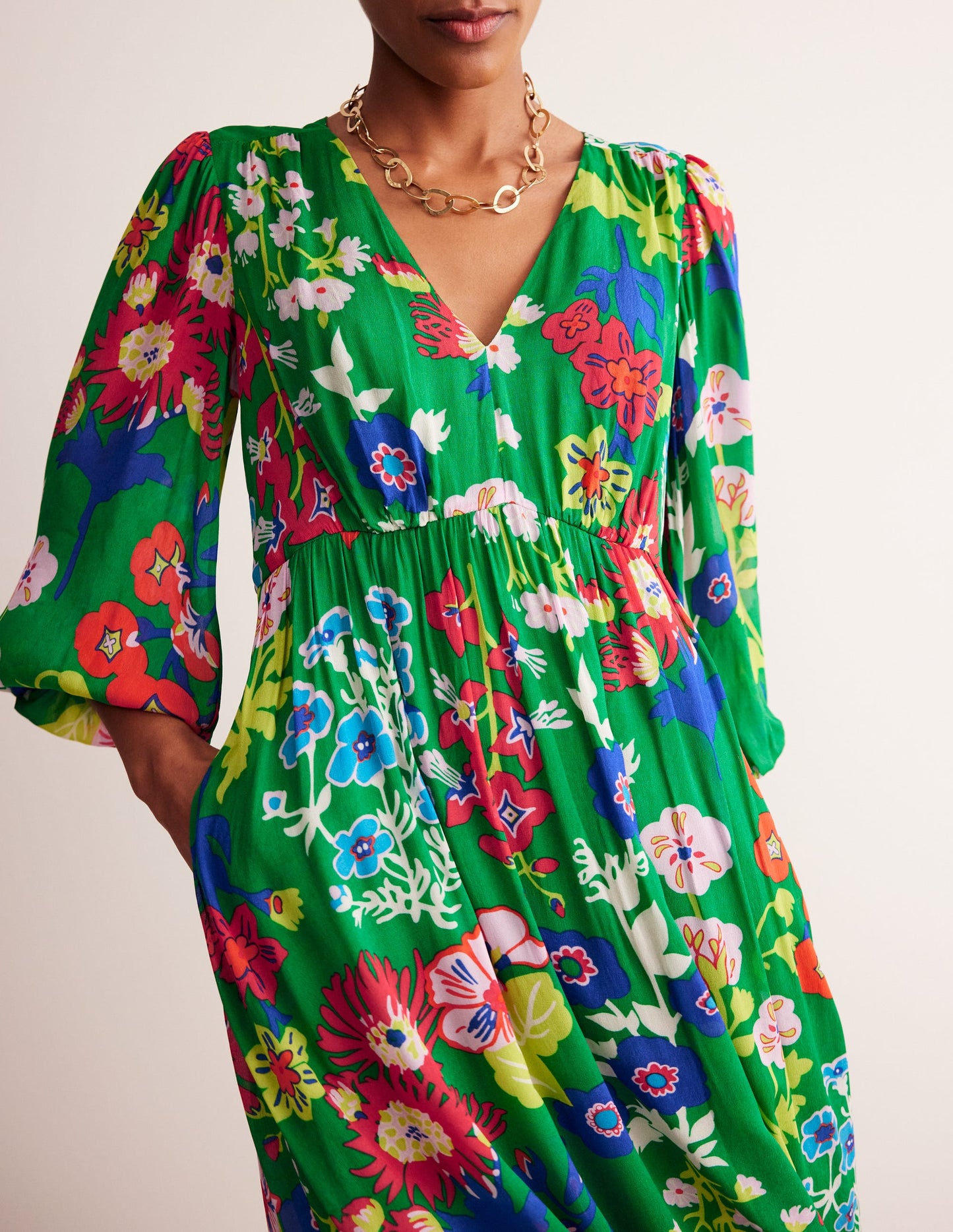 V Neck Puff Maxi Dress-Green Tambourine, Wild Flower