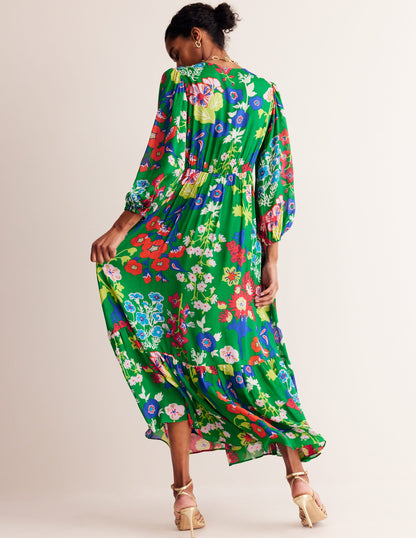 V Neck Puff Maxi Dress-Green Tambourine, Wild Flower