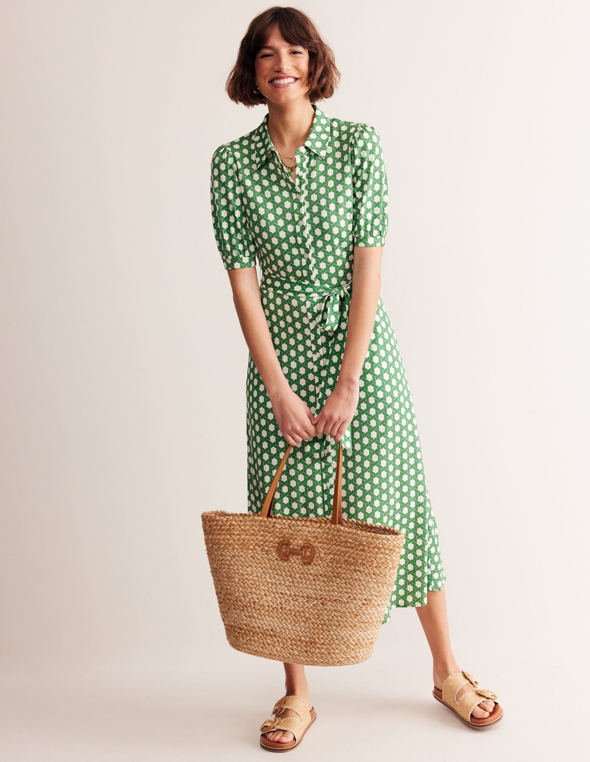 Libby Jersey Midi Shirt Dress-Green, Honeycomb Geo-1