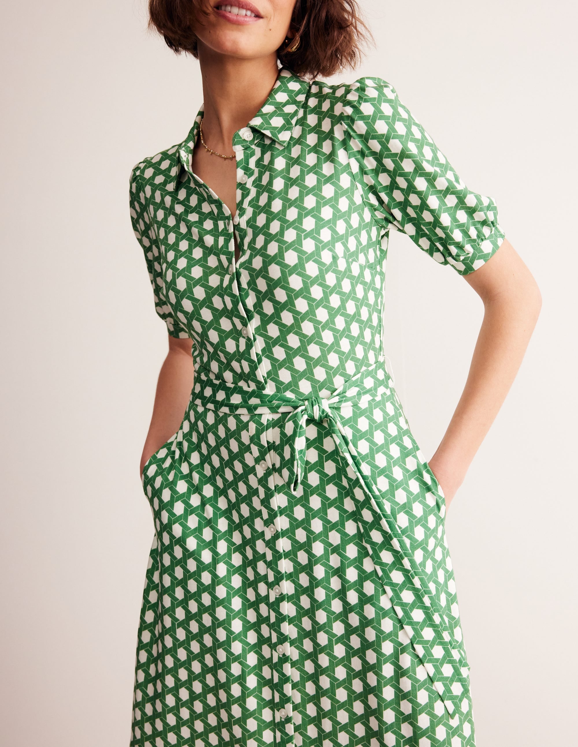 Libby Jersey Midi Shirt Dress-Green, Honeycomb Geo - Image 2