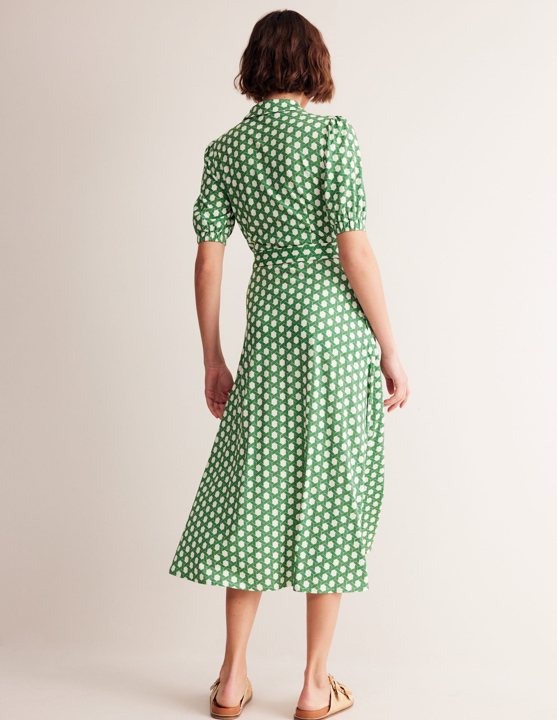 Libby Jersey Midi Shirt Dress-Green, Honeycomb Geo-3