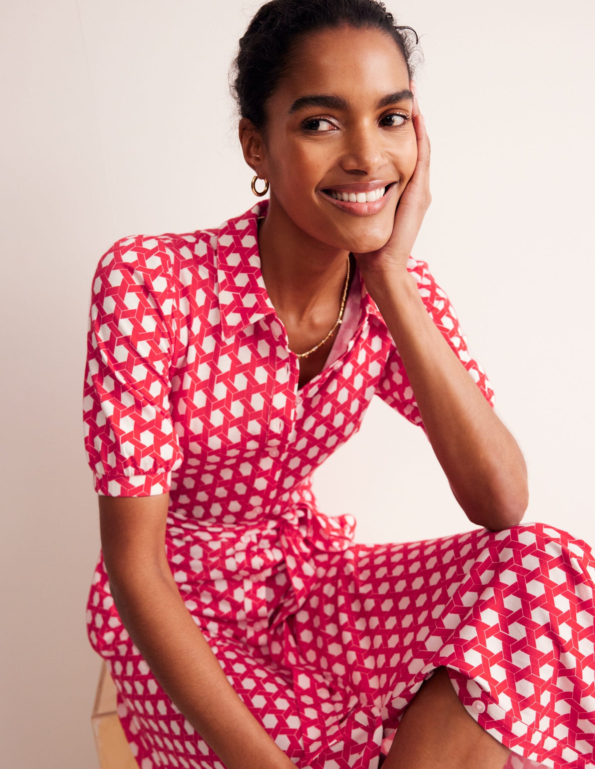 Libby Jersey Midi Shirt Dress-Flame Scarlet, Honeycomb Geo-1