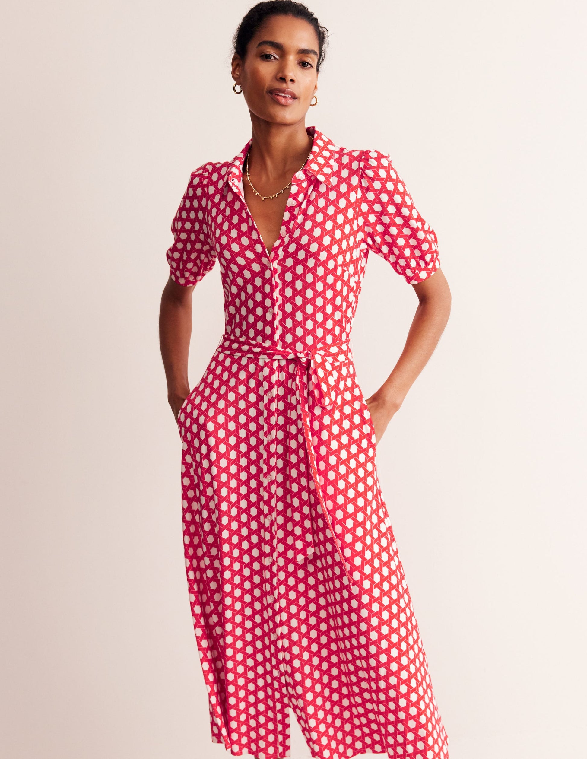 Libby Jersey Midi Shirt Dress-Flame Scarlet, Honeycomb Geo-3