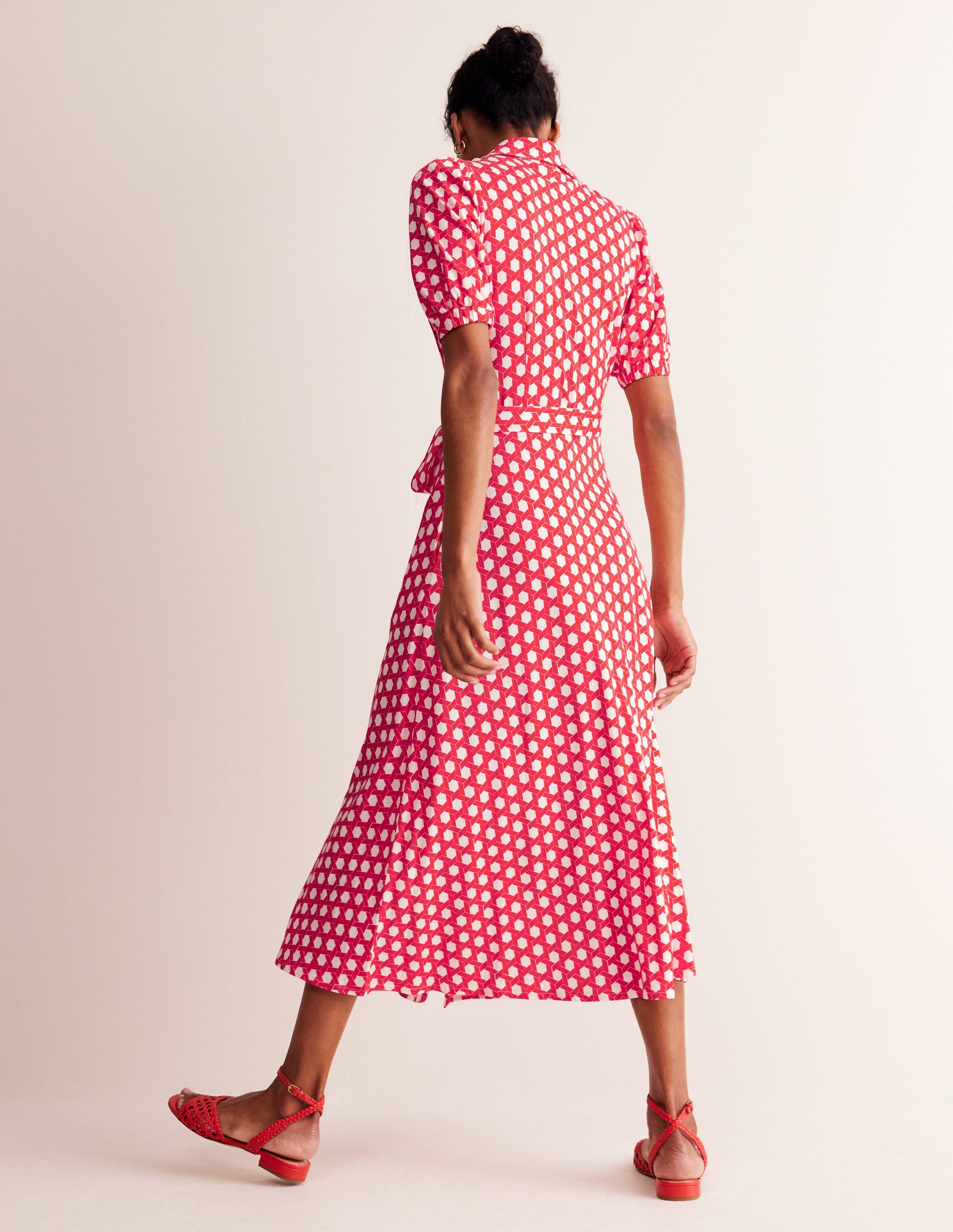 Libby Jersey Midi Shirt Dress-Flame Scarlet, Honeycomb Geo-4
