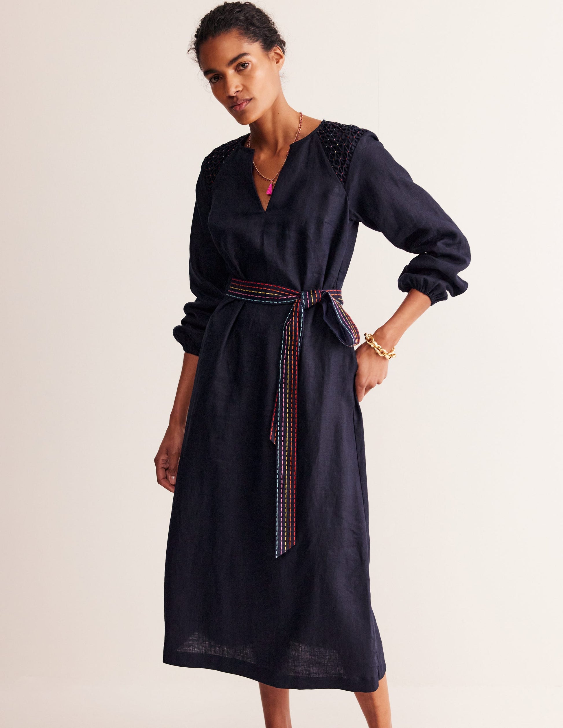 Linen Midi Smocked Dress-Navy-1