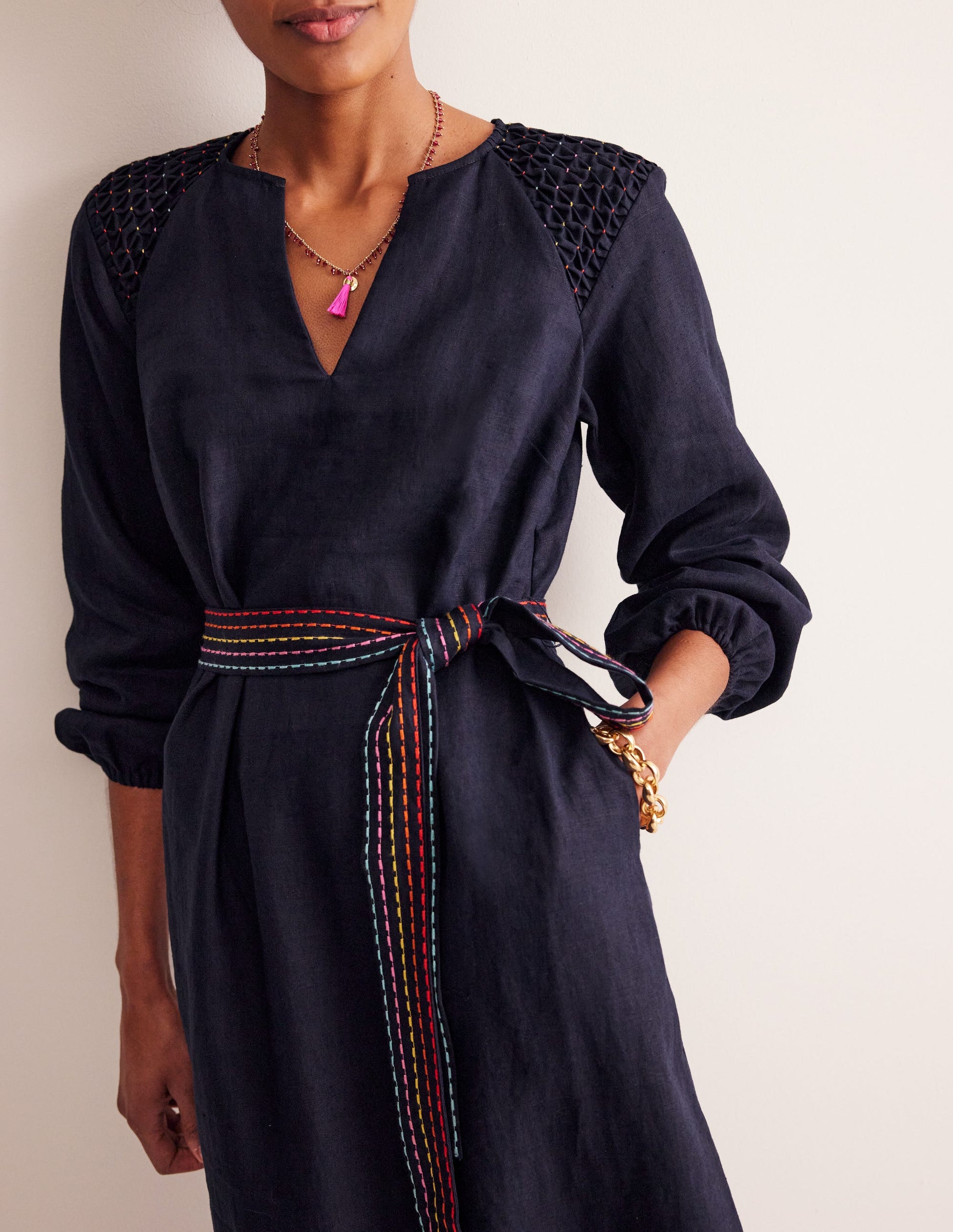 Linen Midi Smocked Dress-Navy-2