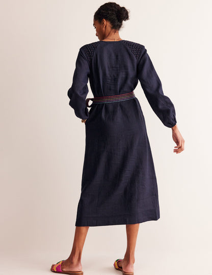 Linen Midi Smocked Dress-Navy-3