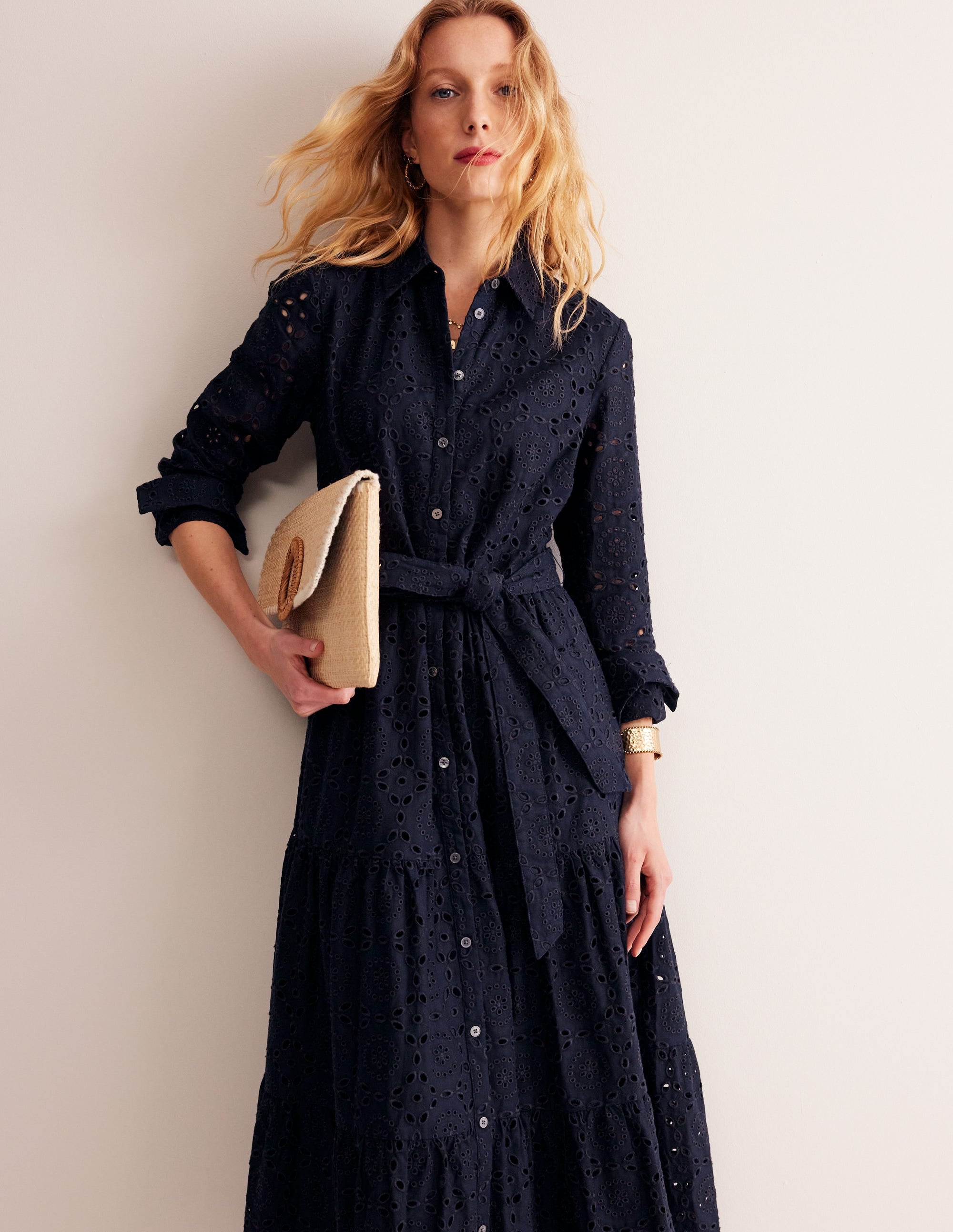 Flo Broderie Midi Shirt Dress-Navy - Image 1