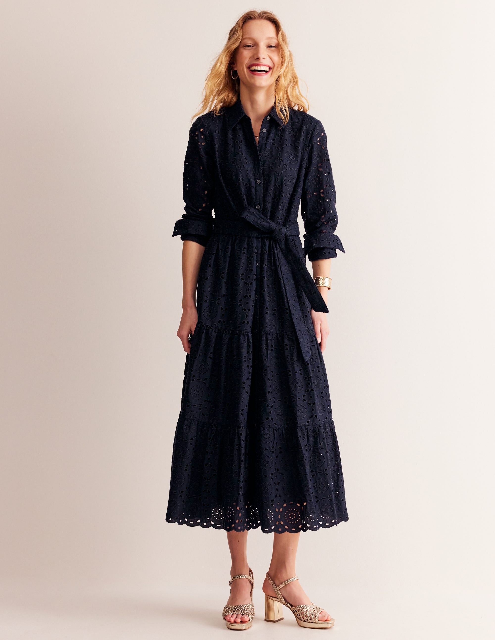 Flo Broderie Midi Shirt Dress-Navy - Image 2