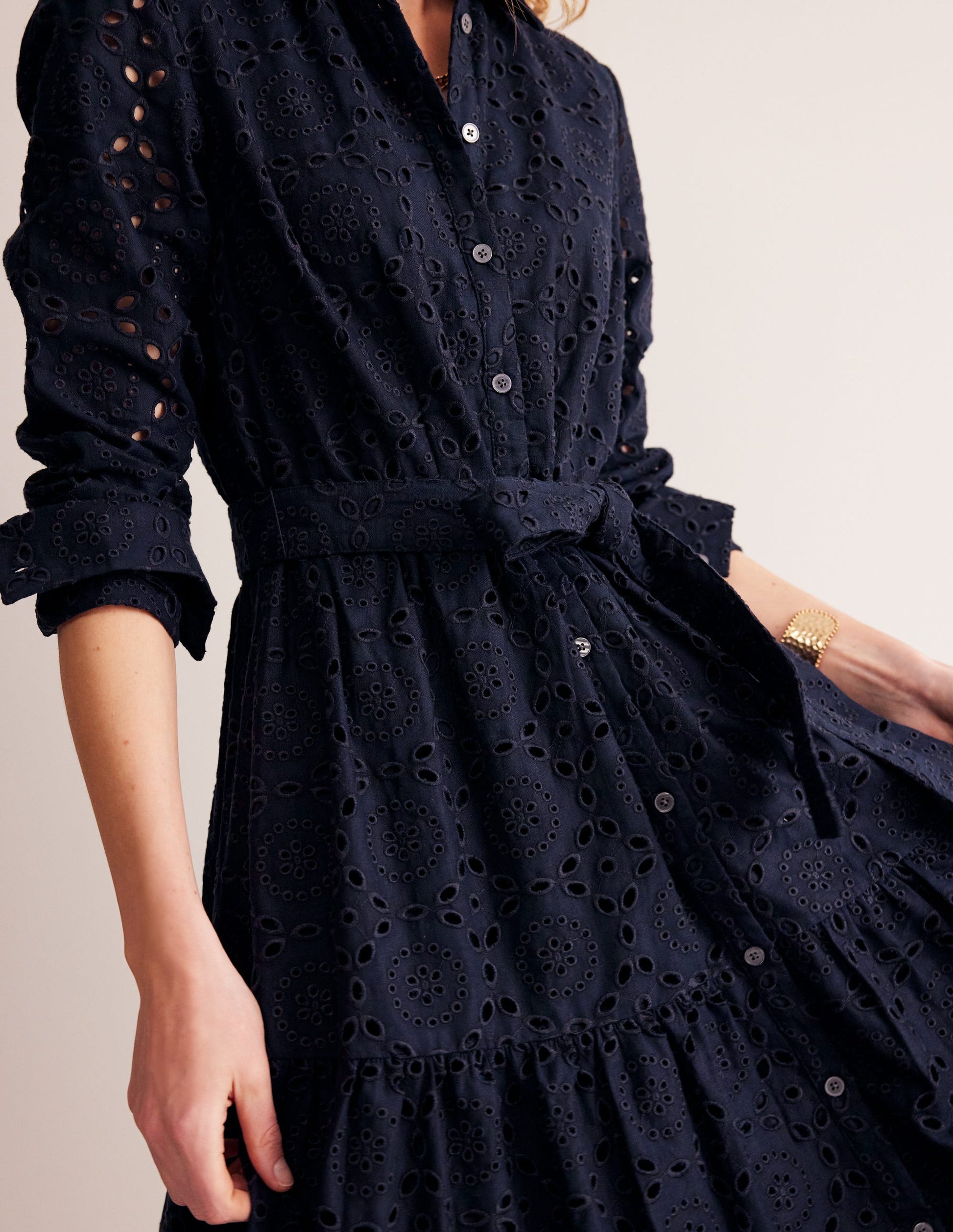 Flo Broderie Midi Shirt Dress-Navy-3