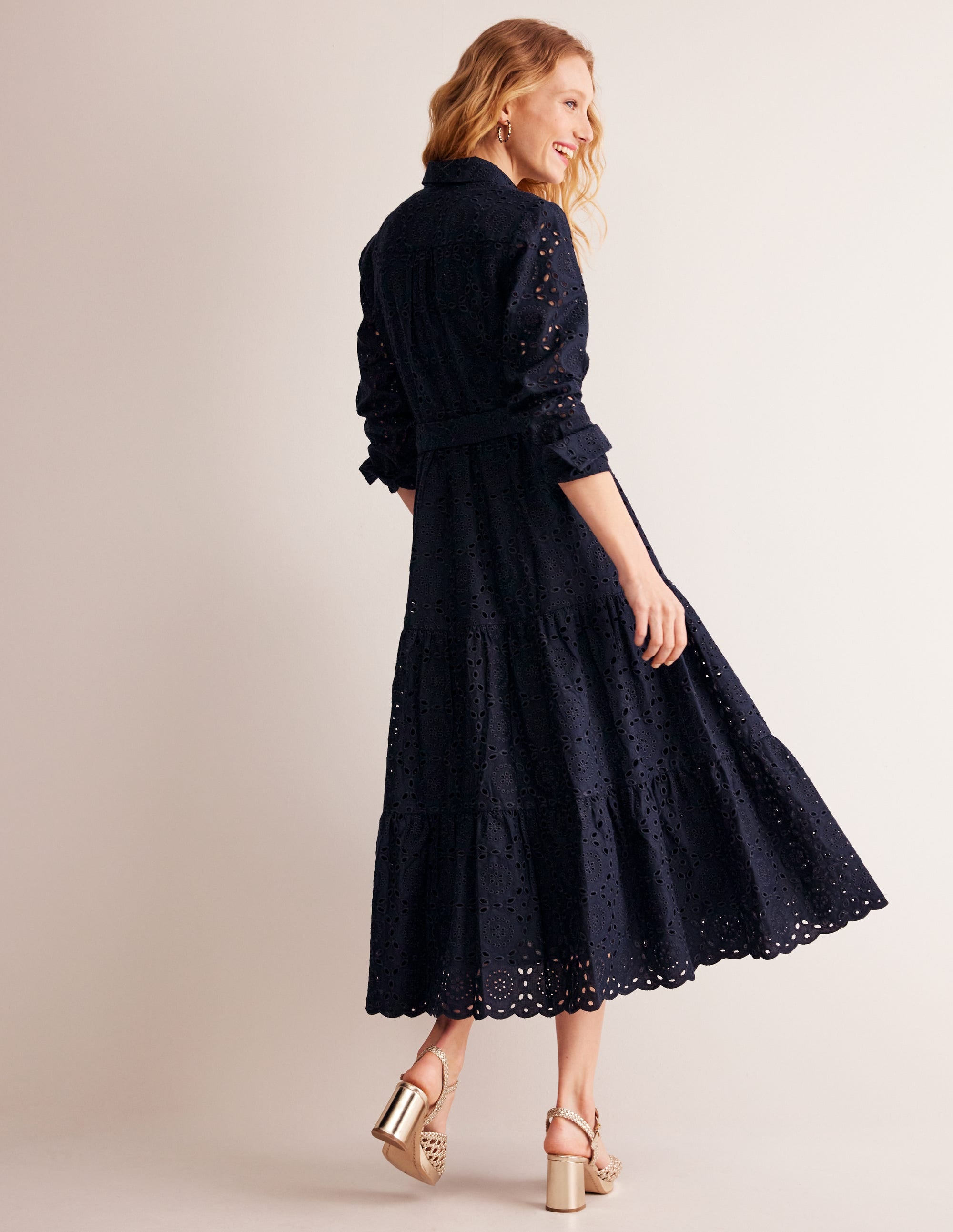 Flo Broderie Midi Shirt Dress-Navy - Image 4