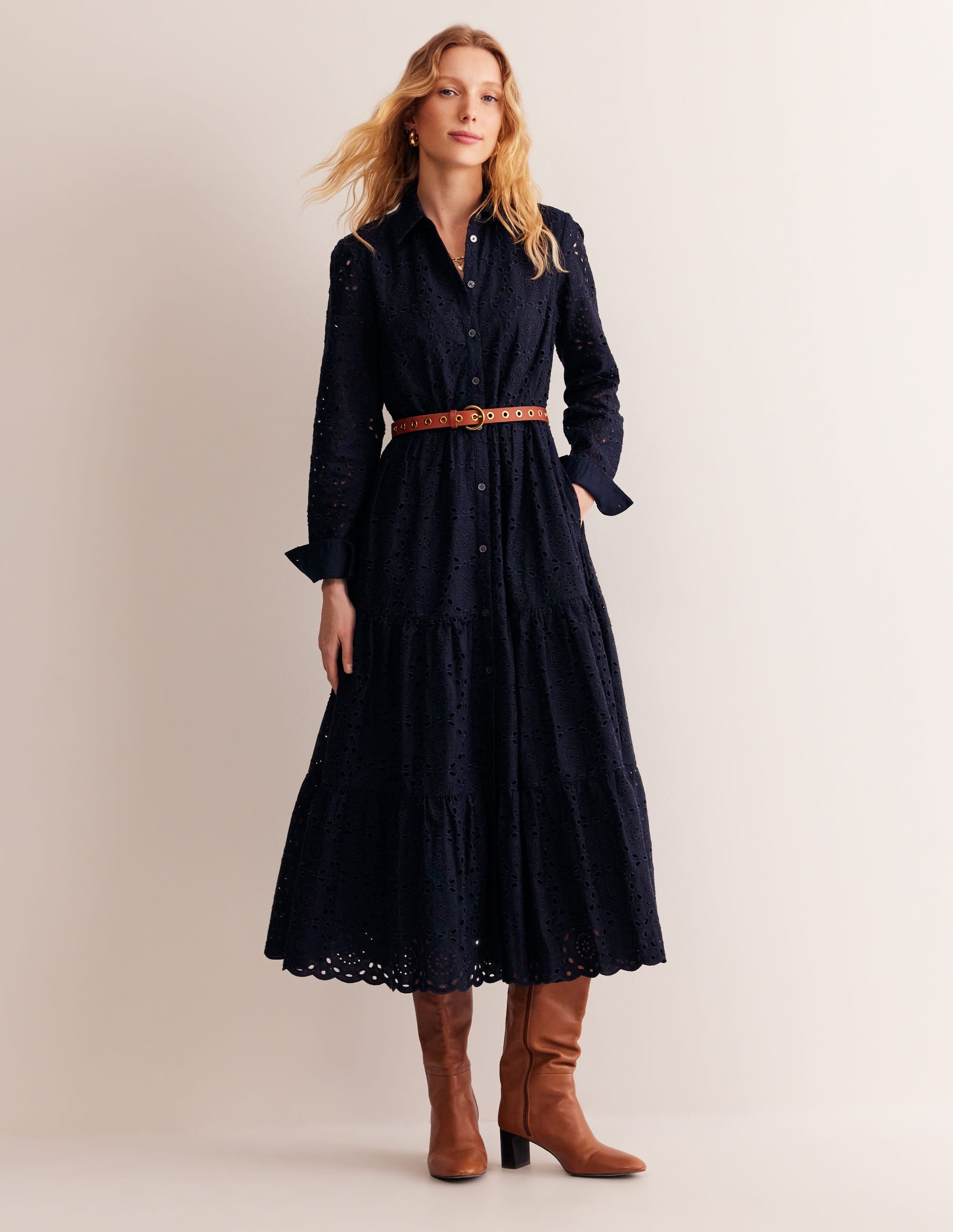 Flo Broderie Midi Shirt Dress-Navy - Image 6