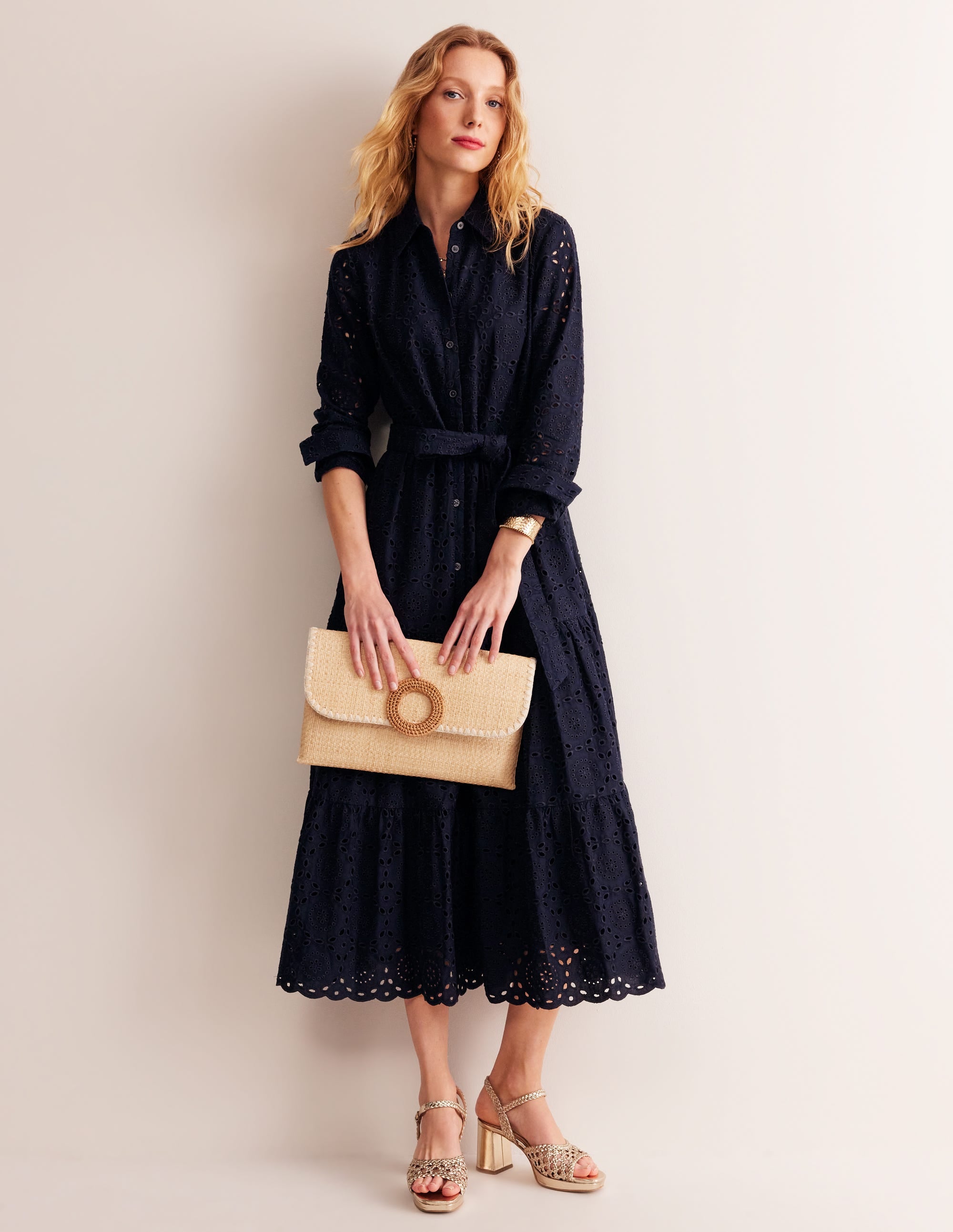 Flo Broderie Midi Shirt Dress-Navy - Image 7