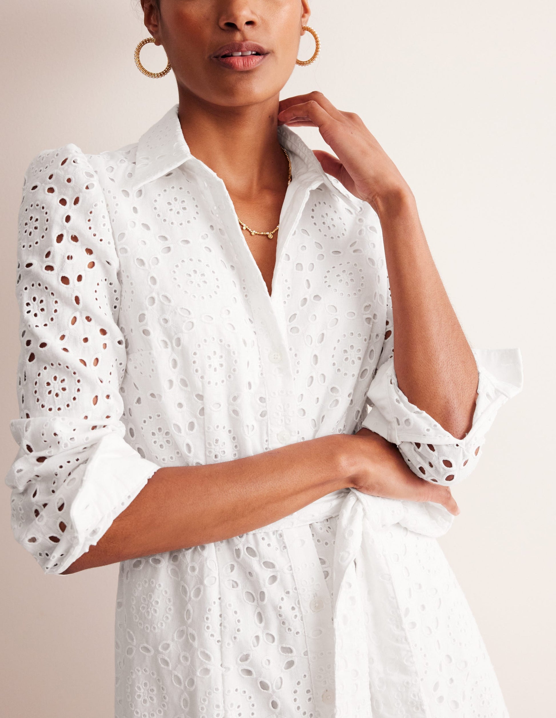 Kate Broderie Midi Shirt Dress-White-2
