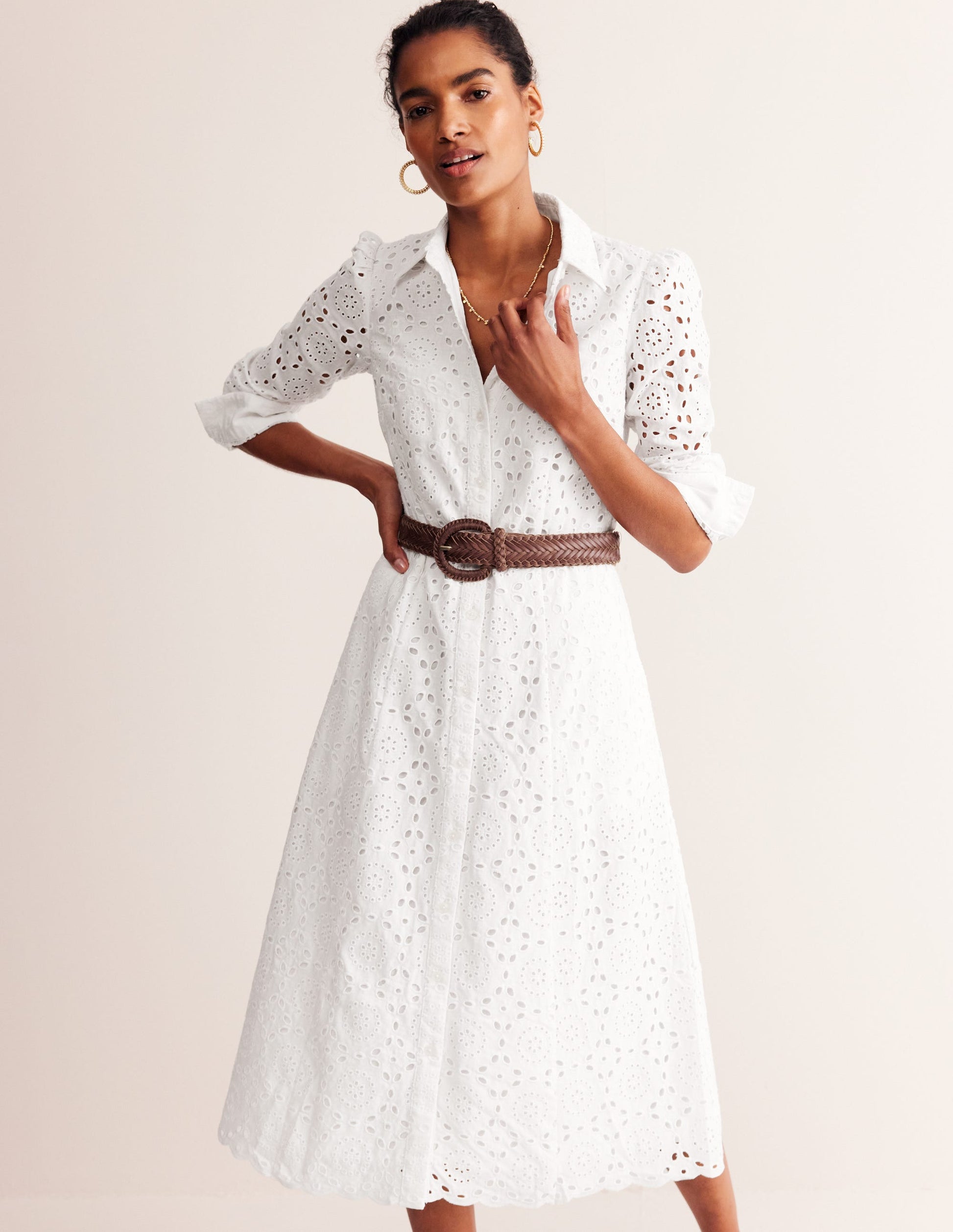 Kate Broderie Midi Shirt Dress-White-4