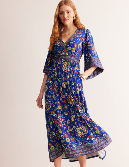 Maya Kimono Jersey Maxi Dress-Surf the Web, Botanical Sprig