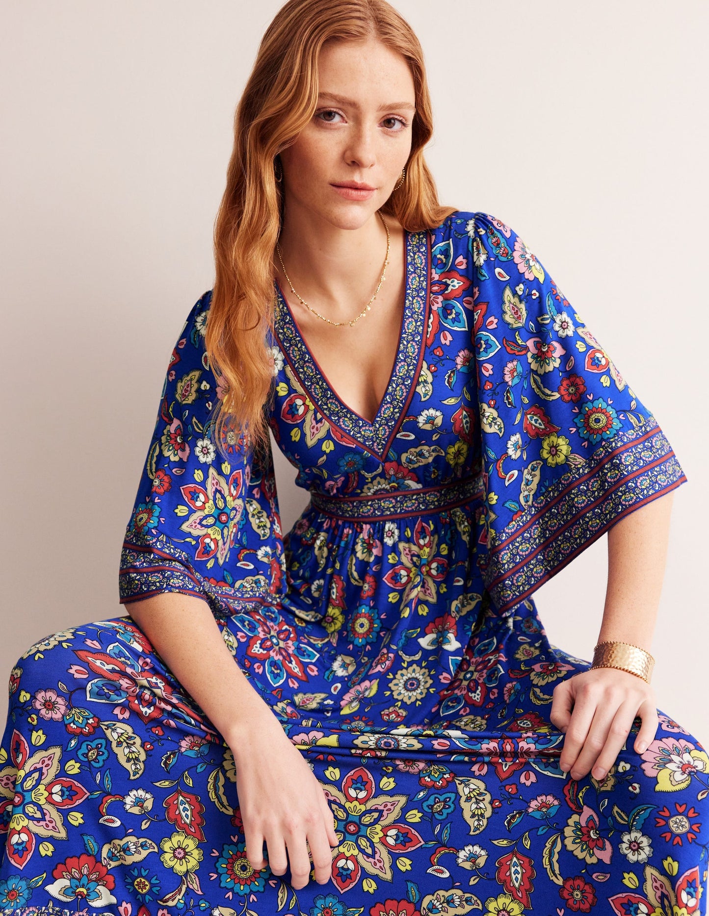 Maya Kimono Jersey Maxi Dress-Surf the Web, Botanical Sprig