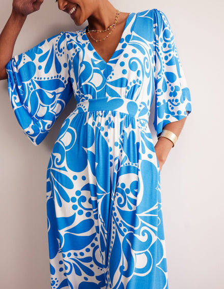Maya Kimono Jersey Maxi Dress-Indigo Bunting, Ripple Swirl
