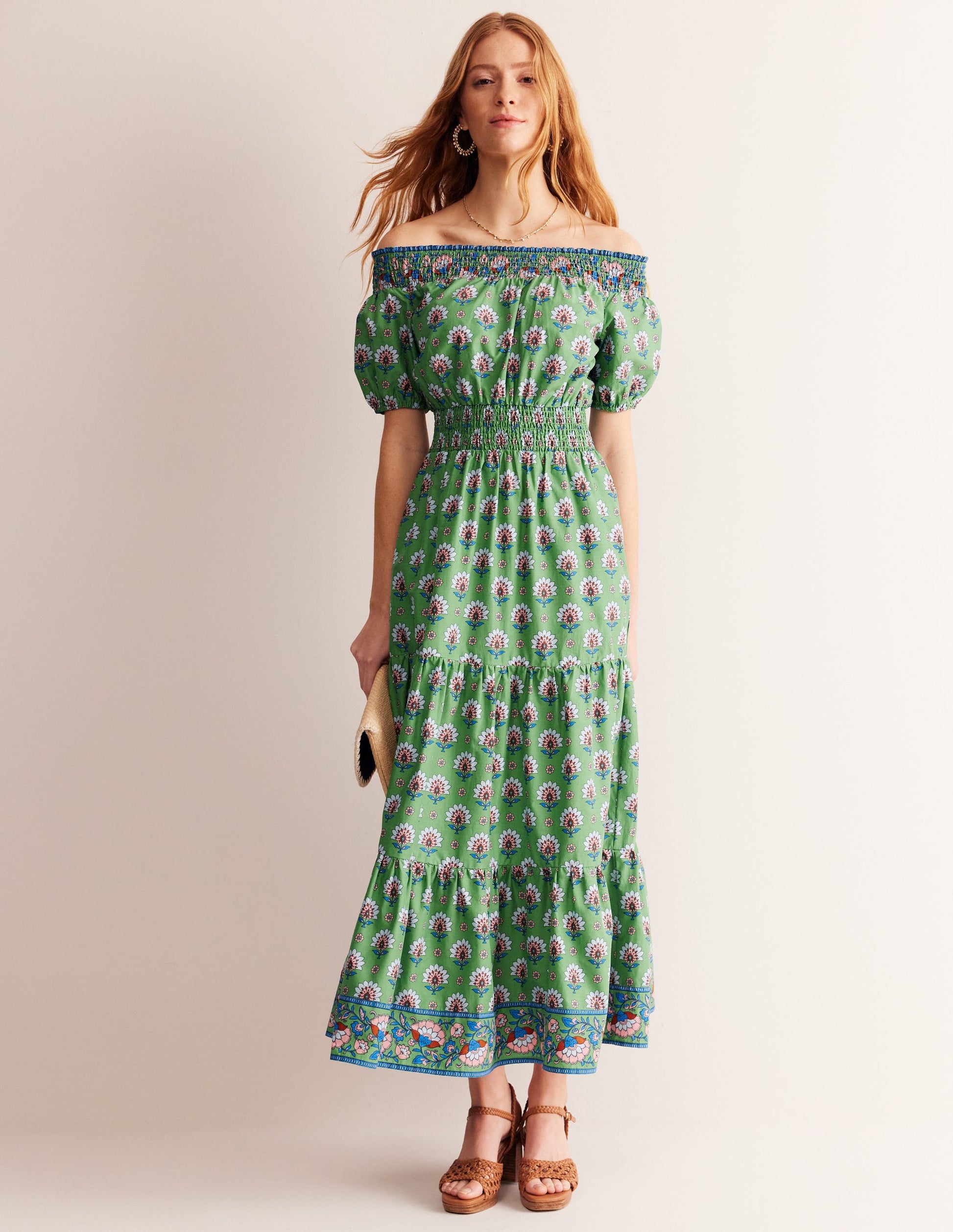 Cotton Midi Smocked Dress-Stone Green, Passion Geo-1
