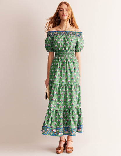 Cotton Midi Smocked Dress-Stone Green, Passion Geo-1