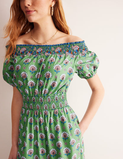 Cotton Midi Smocked Dress-Stone Green, Passion Geo-2